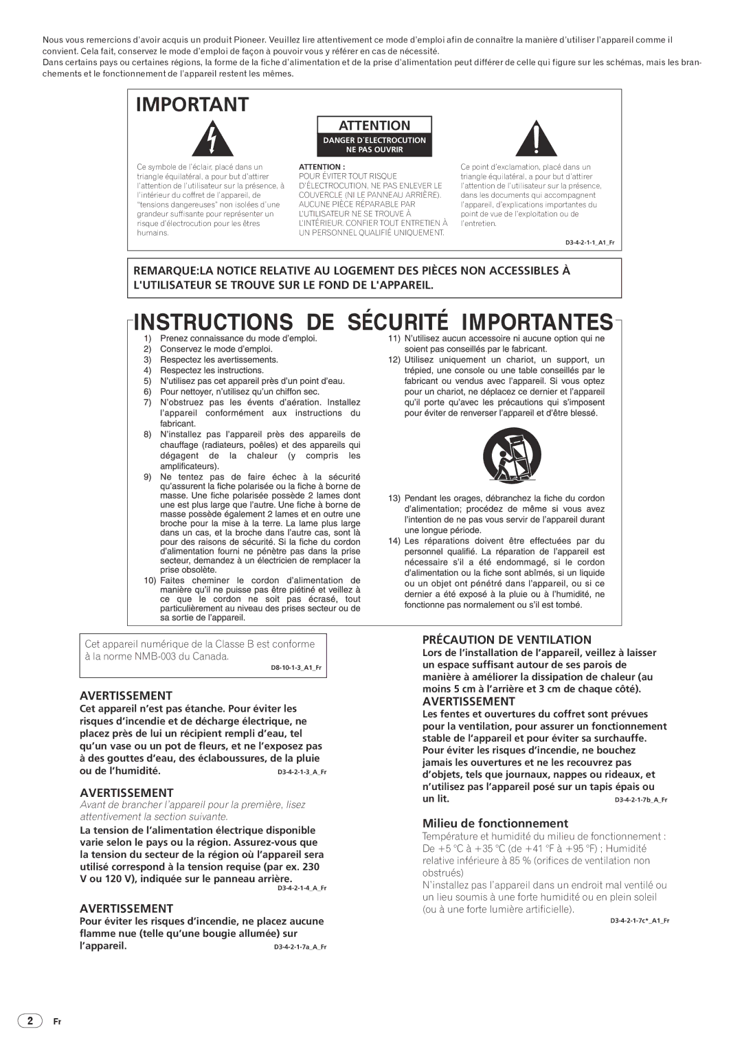 Pioneer DJM-5000 operating instructions Avertissement 