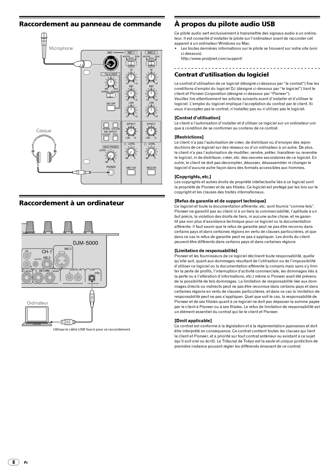 Pioneer DJM-5000 Raccordement au panneau de commande, Raccordement à un ordinateur, Propos du pilote audio USB 