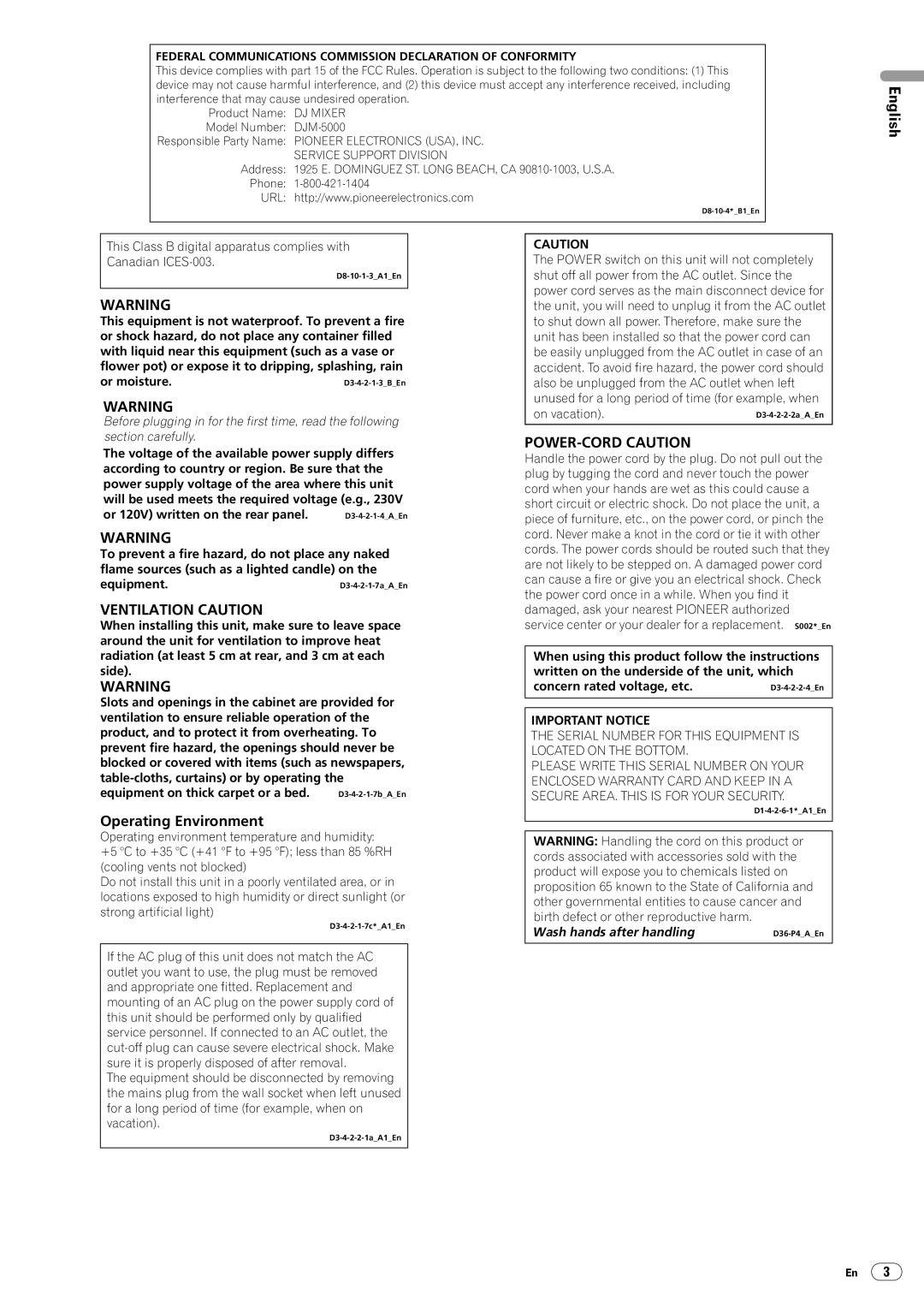 Pioneer DJM-5000 operating instructions Ventilation Caution 