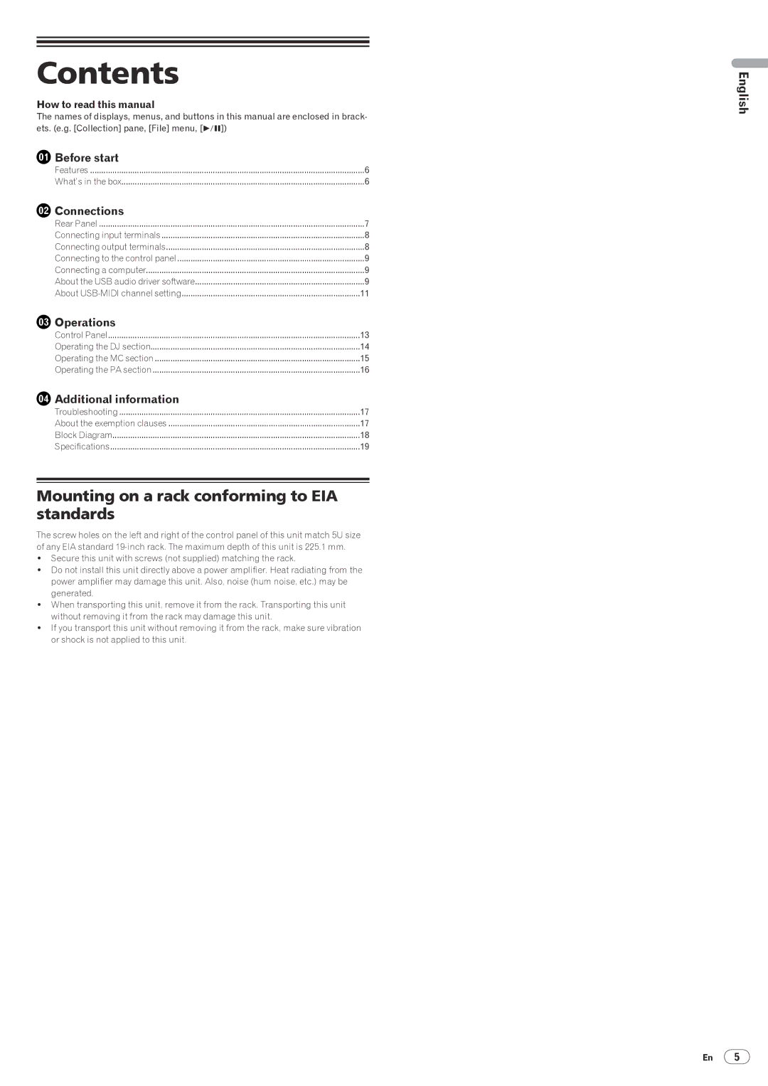 Pioneer DJM-5000 operating instructions Contents 