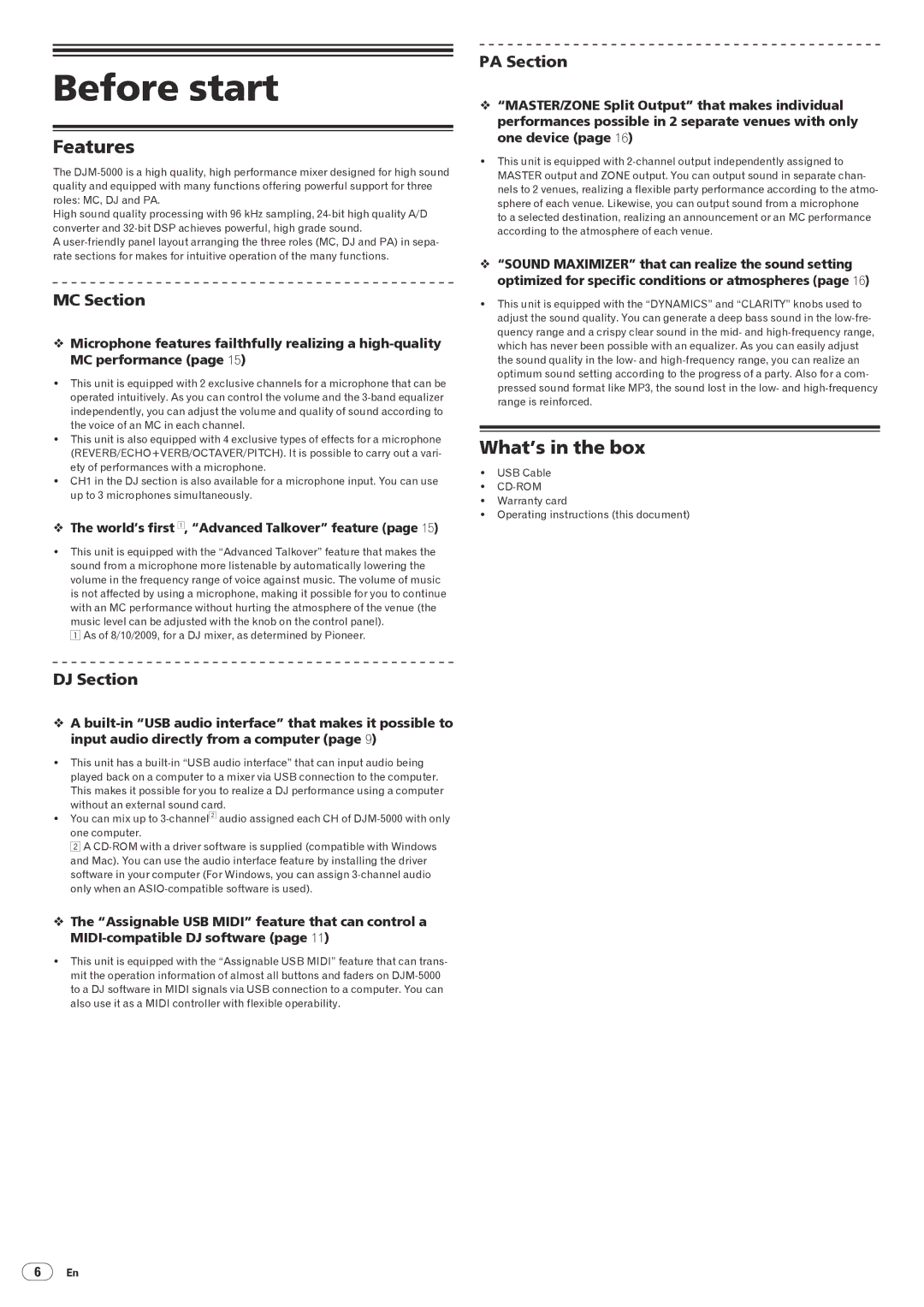Pioneer DJM-5000 operating instructions Before start, Features, What’s in the box 