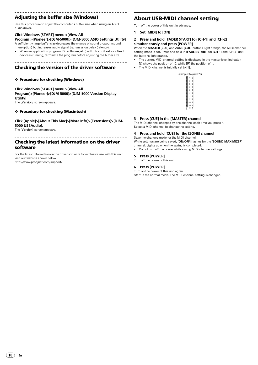 Pioneer DJM-5000 operating instructions About USB-MIDI channel setting, Adjusting the buffer size Windows 