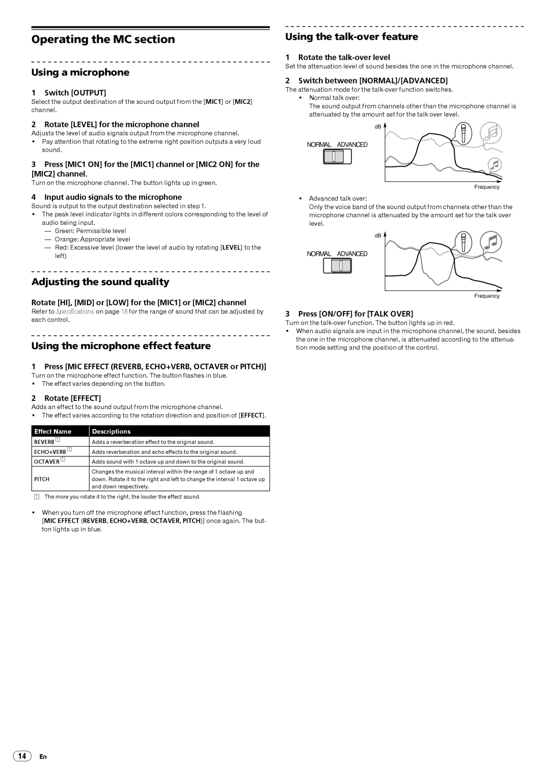 Pioneer DJM-5000 operating instructions Operating the MC section, Using a microphone, Using the microphone effect feature 