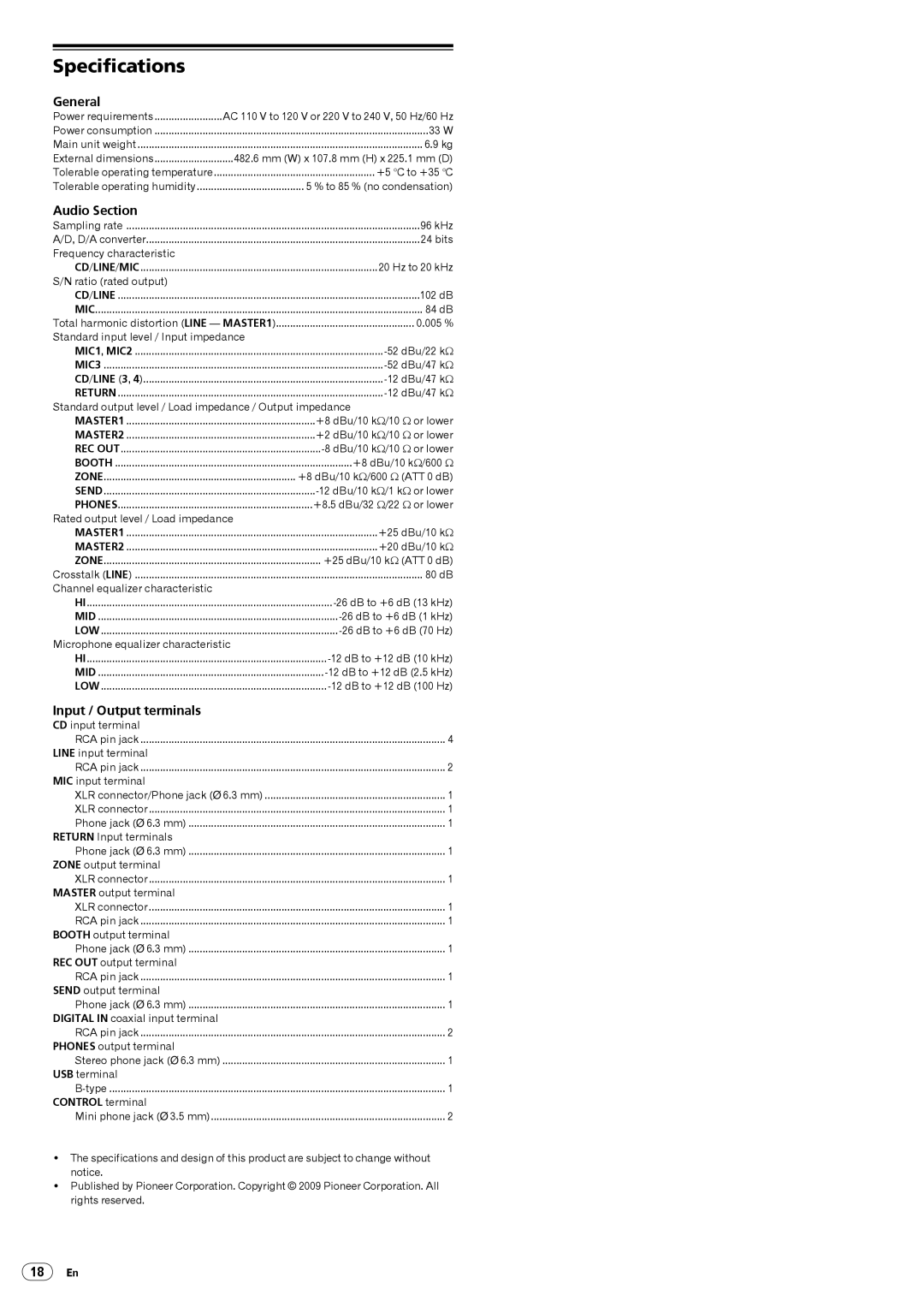 Pioneer DJM-5000 operating instructions Specifications, General, Audio Section, Input / Output terminals 