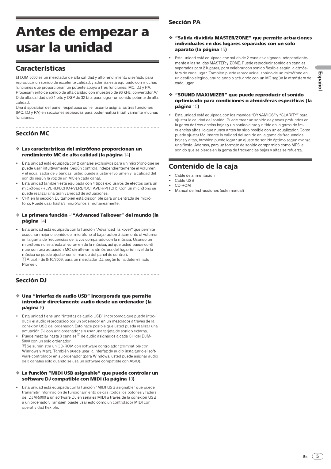 Pioneer DJM-5000 operating instructions Antes de empezar a usar la unidad, Características, Contenido de la caja 