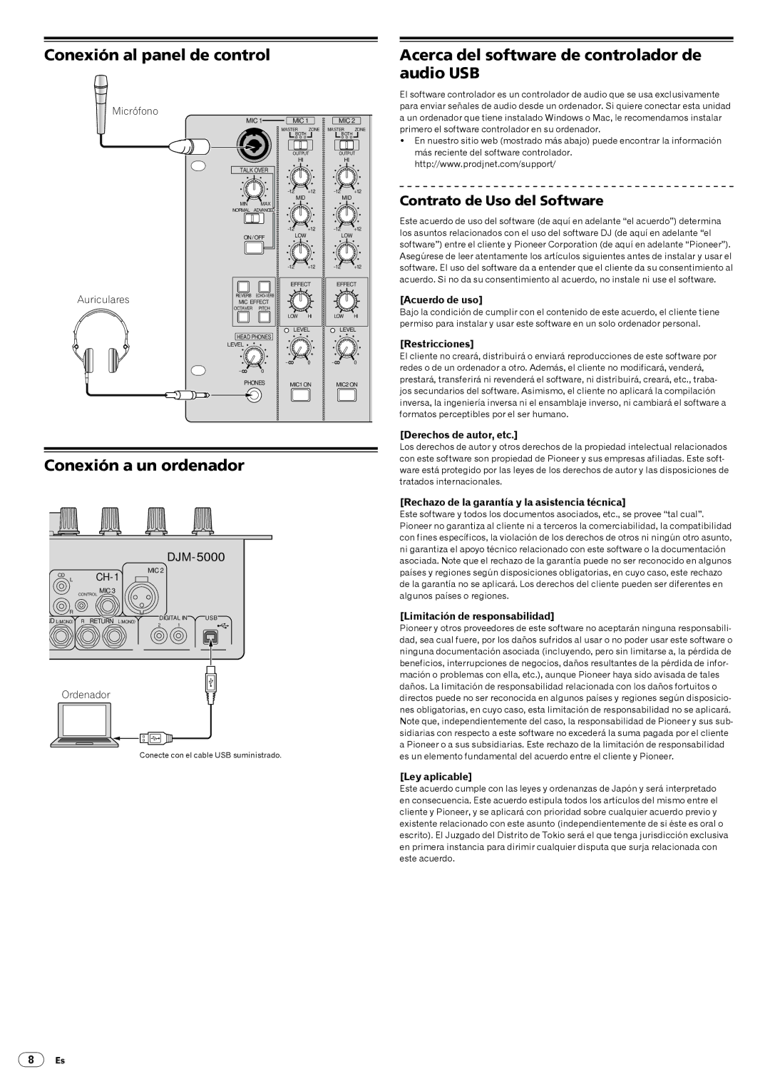 Pioneer DJM-5000 Conexión al panel de control, Conexión a un ordenador, Acerca del software de controlador de audio USB 