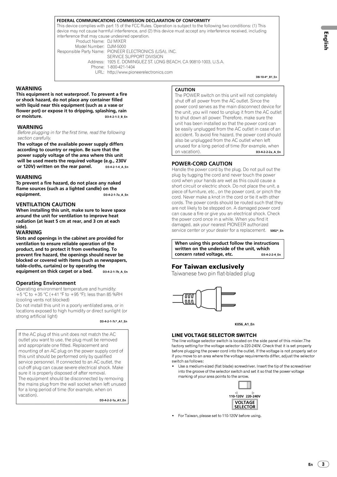 Pioneer DJM-5000 operating instructions For Taiwan exclusively 