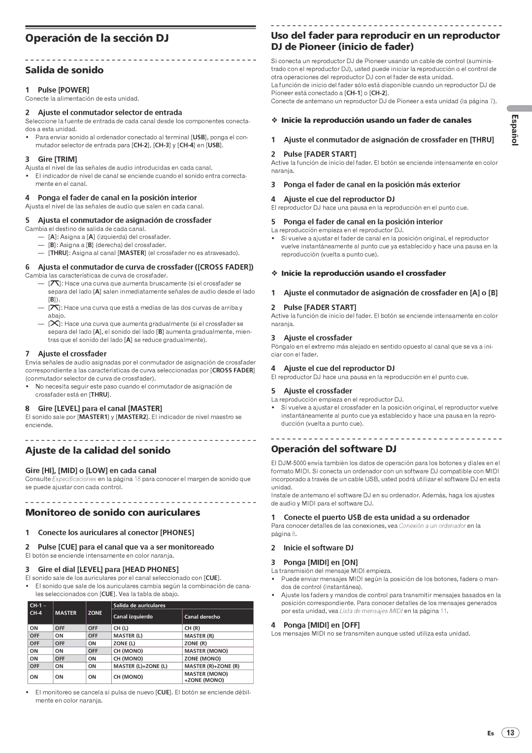 Pioneer DJM-5000 Operación de la sección DJ, Salida de sonido, Ajuste de la calidad del sonido, Operación del software DJ 