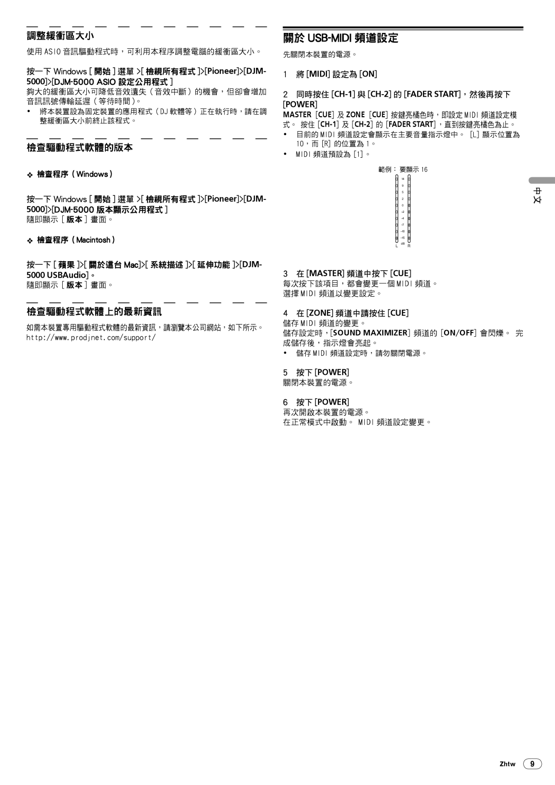 Pioneer DJM-5000 operating instructions 同時按住 CH-1與 CH-2的 Fader START，然後再按下 Power, Master 頻道中按下 CUE 