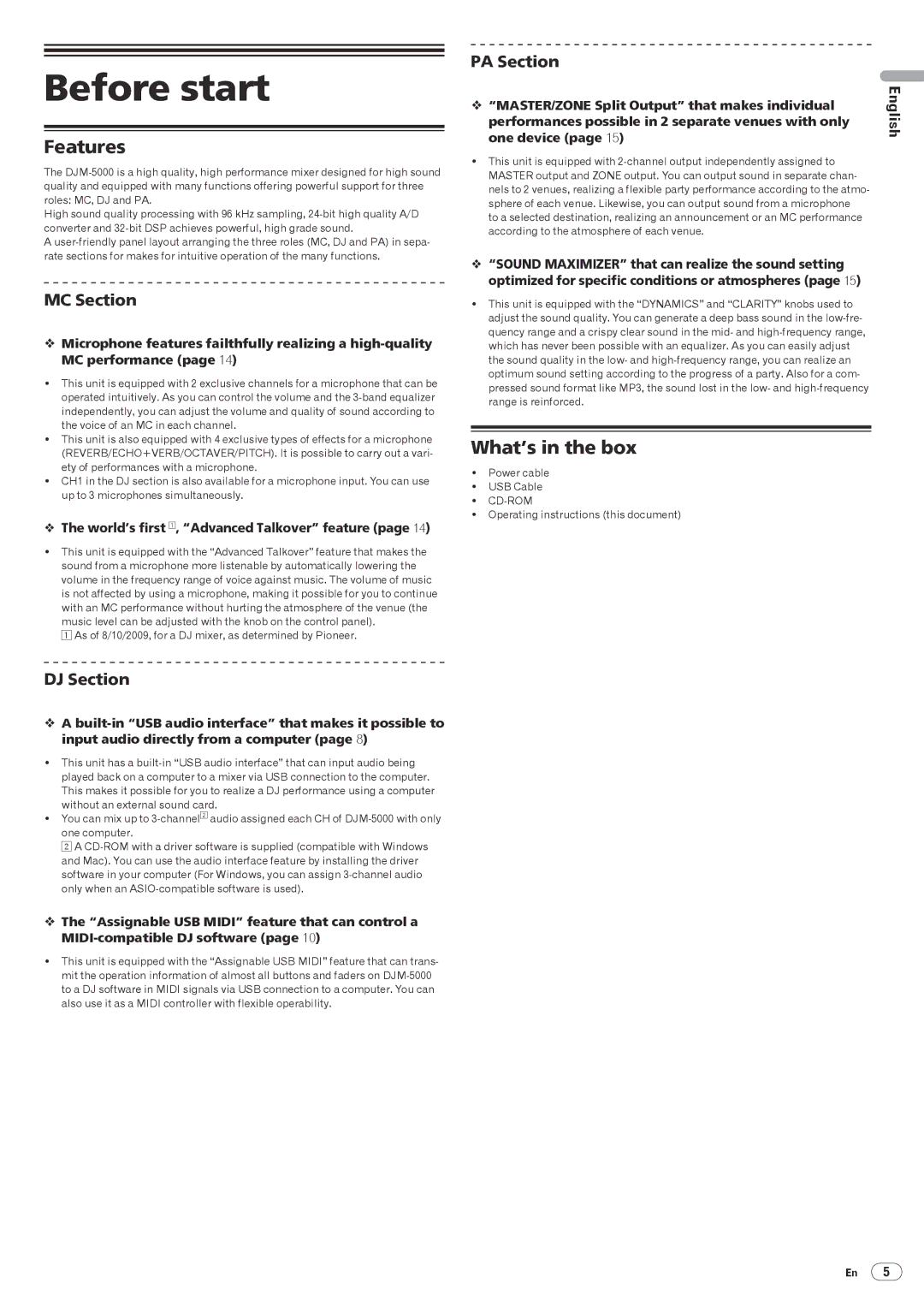 Pioneer DJM-5000 operating instructions Before start, Features, What’s in the box 
