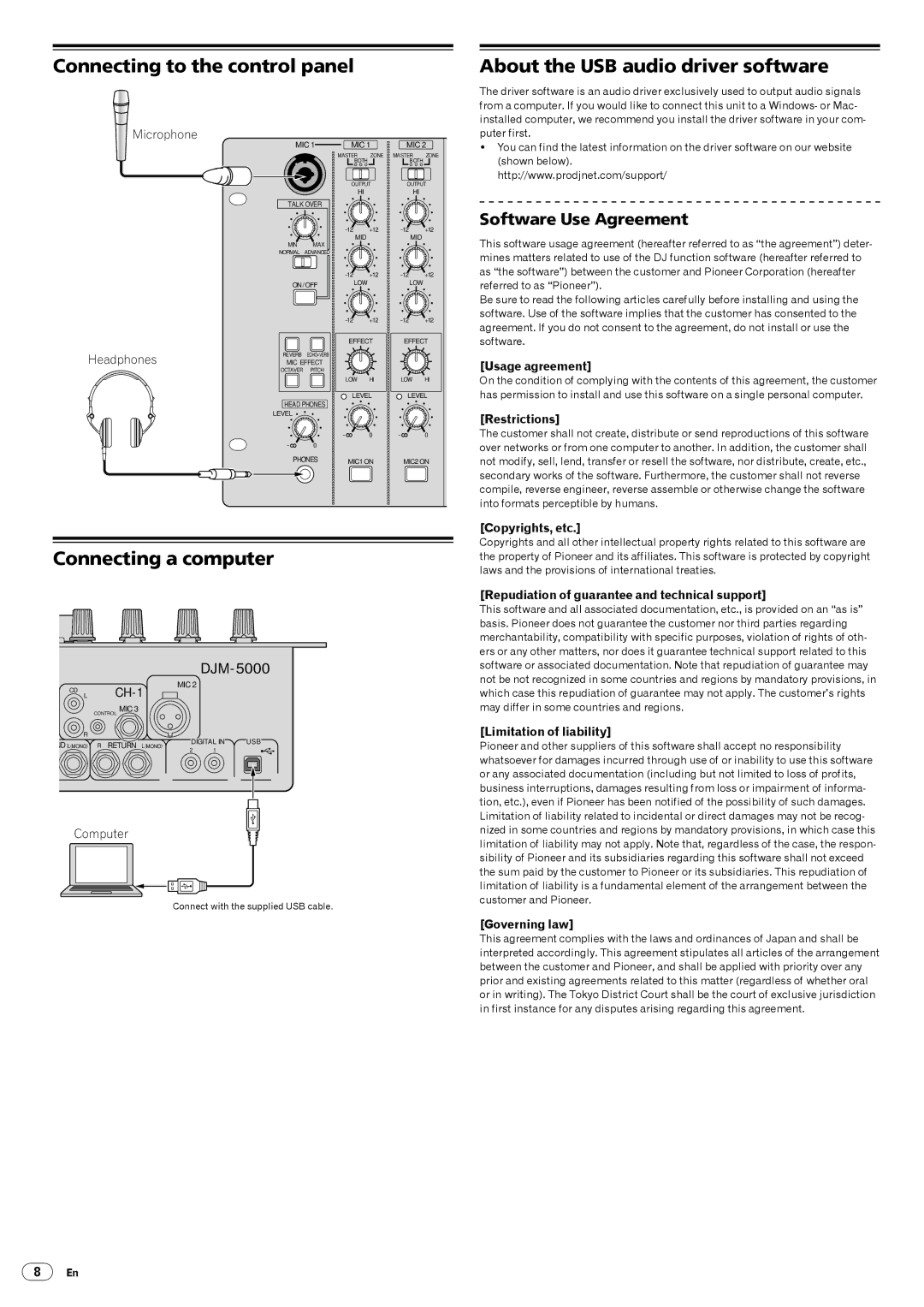 Pioneer DJM-5000 Connecting to the control panel, Connecting a computer, About the USB audio driver software 