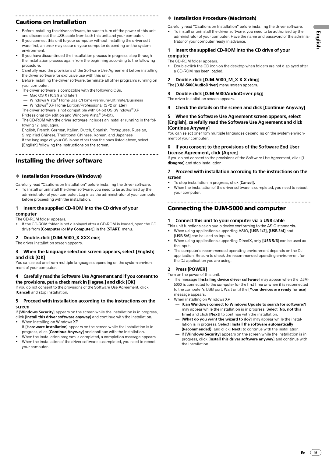 Pioneer operating instructions Installing the driver software, Connecting the DJM-5000 and computer 