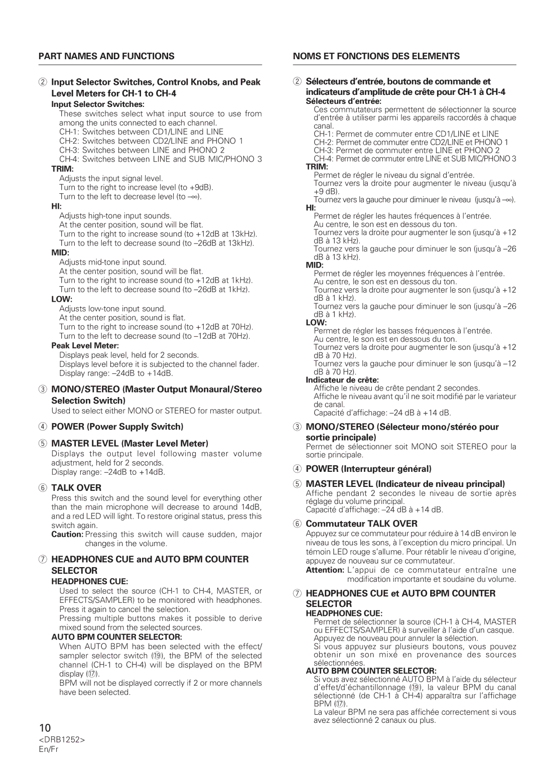 Pioneer DJM-600 operating instructions Part Names and Functions, Talk Over, Noms ET Fonctions DES Elements 