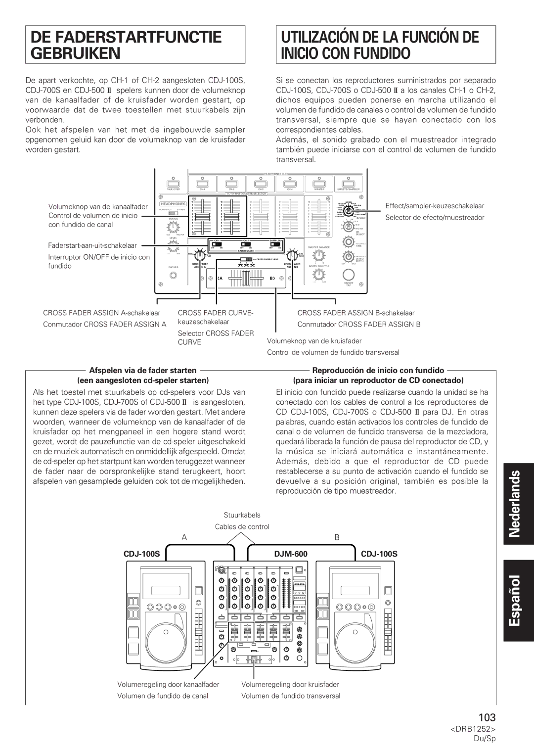 Pioneer DJM-600 operating instructions Interruptor ON/OFF de inicio con, Fundido, Cross Fader Assign A-schakelaar 