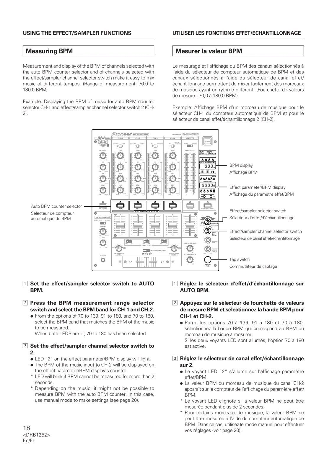 Pioneer DJM-600 operating instructions Measuring BPM, Mesurer la valeur BPM, Auto BPM 