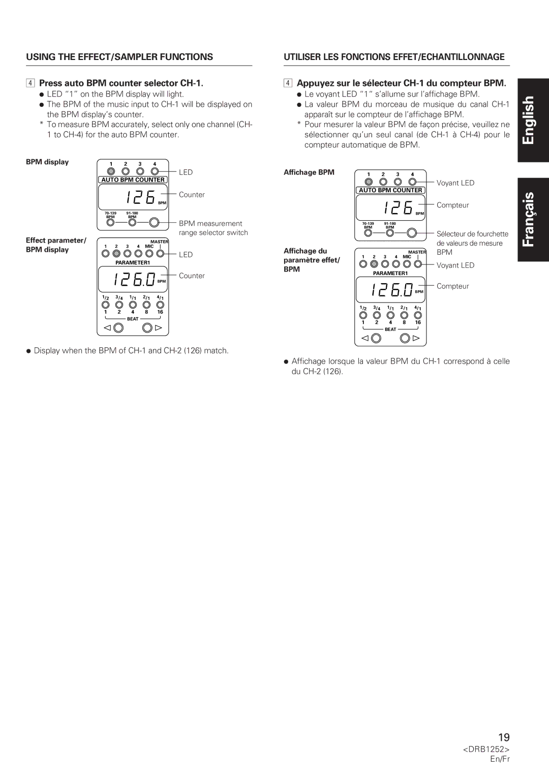 Pioneer DJM-600 operating instructions Press auto BPM counter selector CH-1, Appuyez sur le sélecteur CH-1 du compteur BPM 