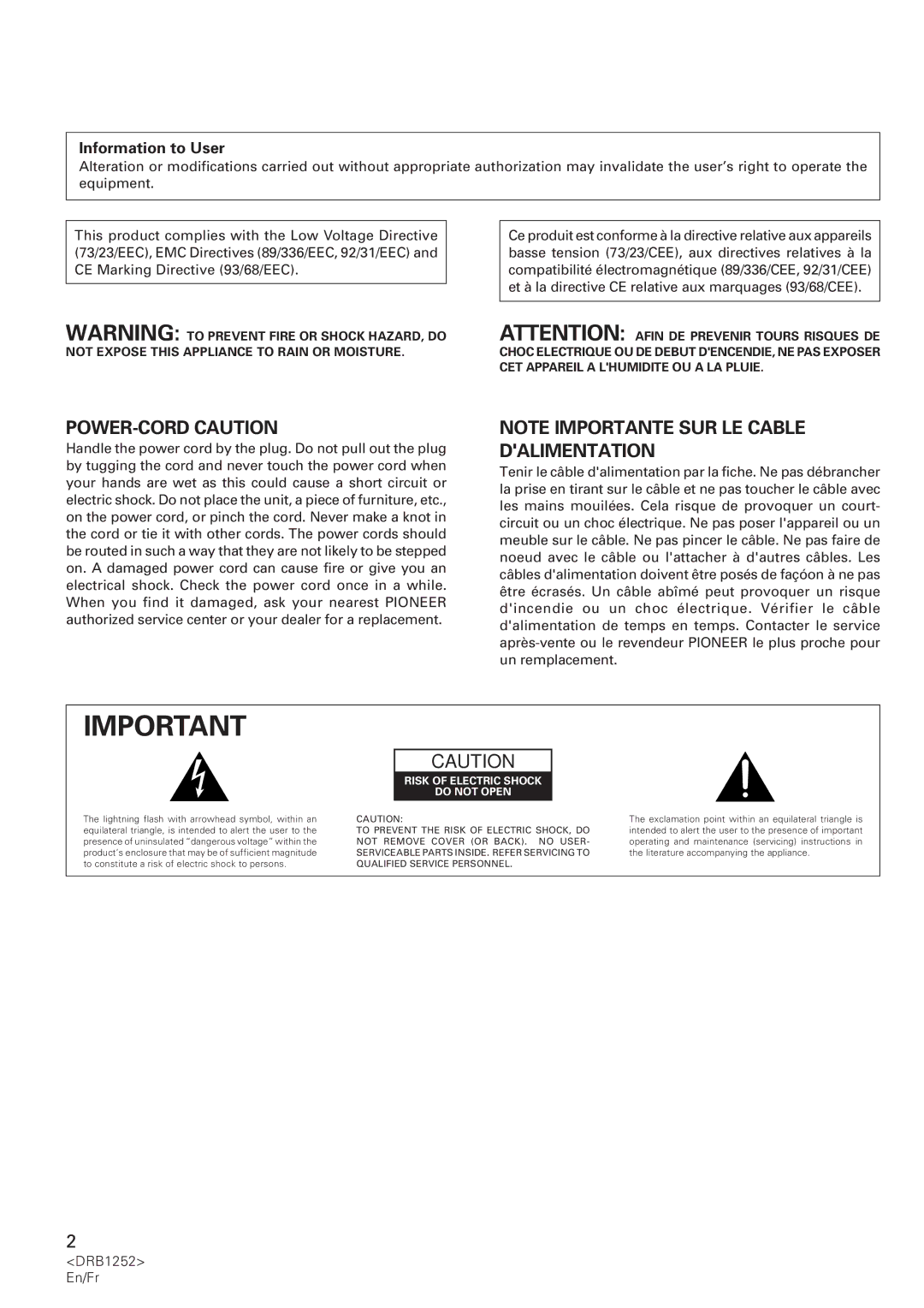 Pioneer DJM-600 operating instructions Information to User, DRB1252 En/Fr 