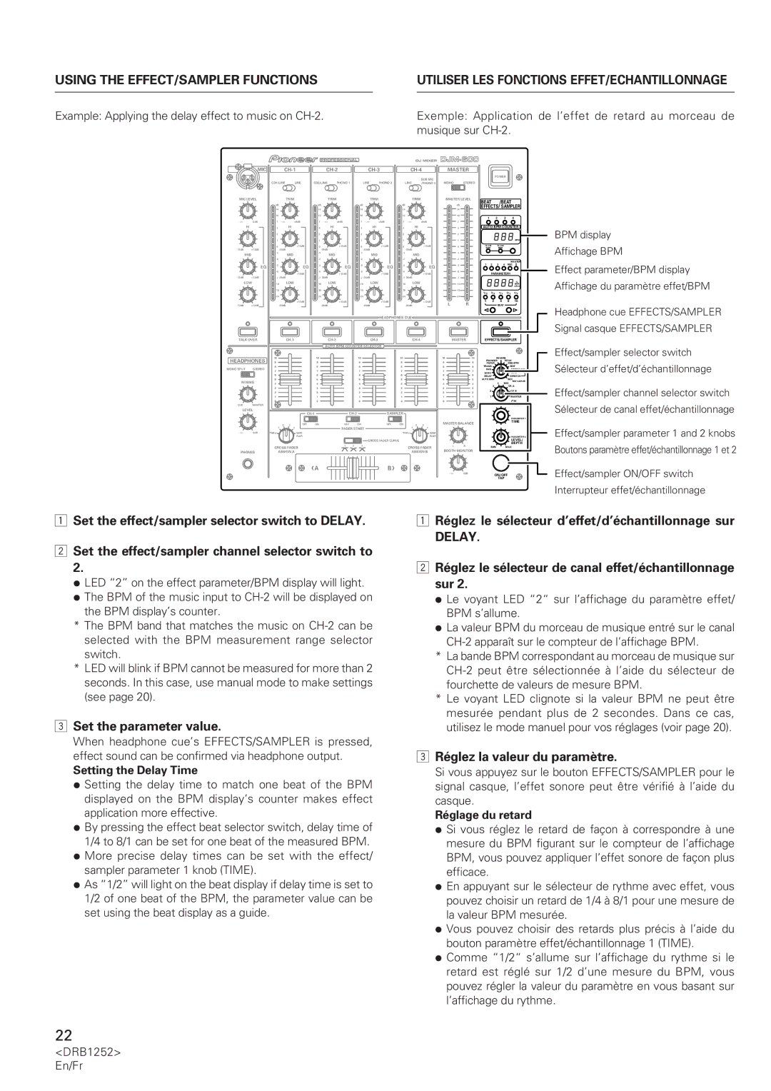 Pioneer DJM-600 operating instructions Set the parameter value, Delay, Réglez la valeur du paramètre 