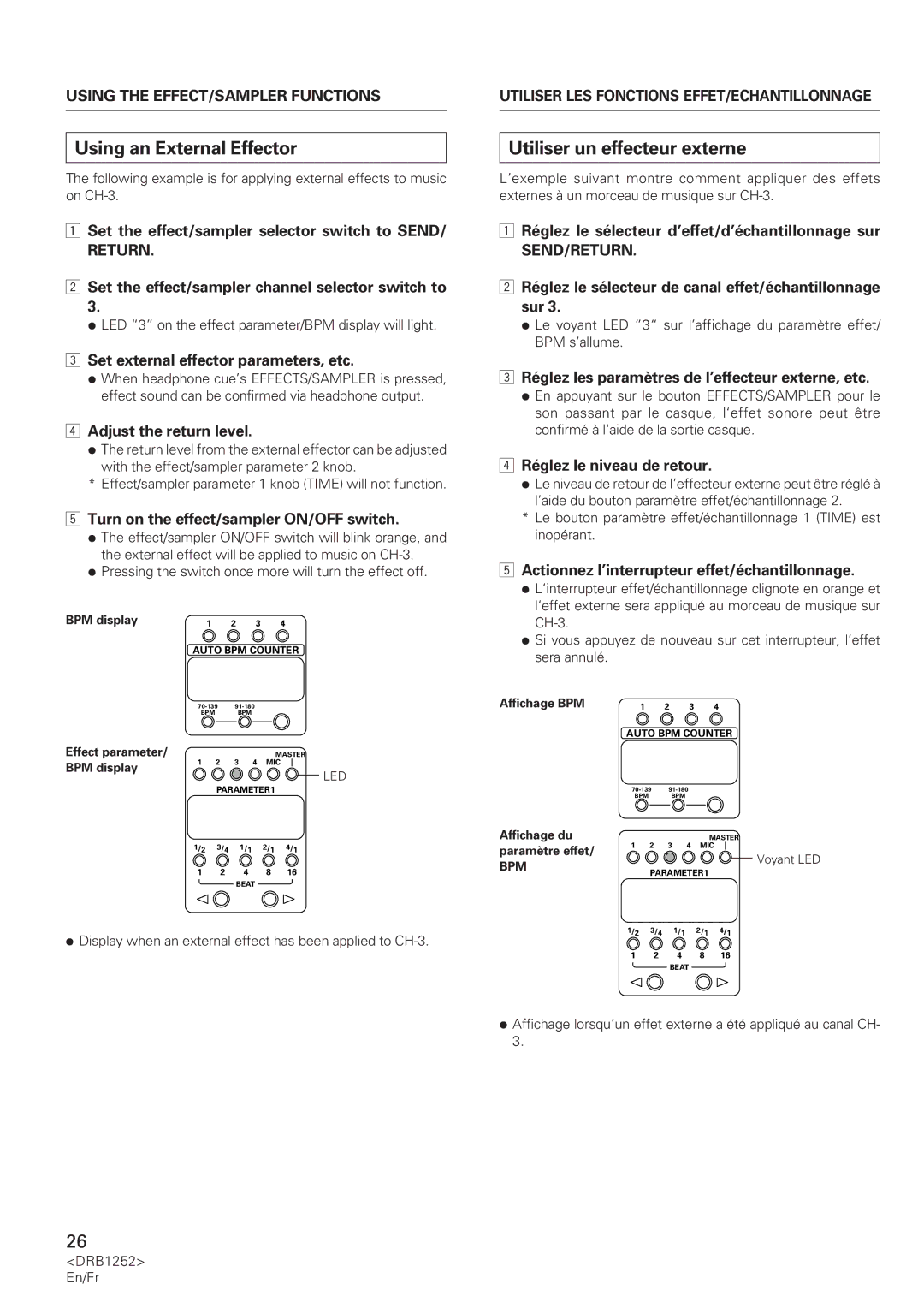 Pioneer DJM-600 operating instructions Using an External Effector, Utiliser un effecteur externe, Send/Return 