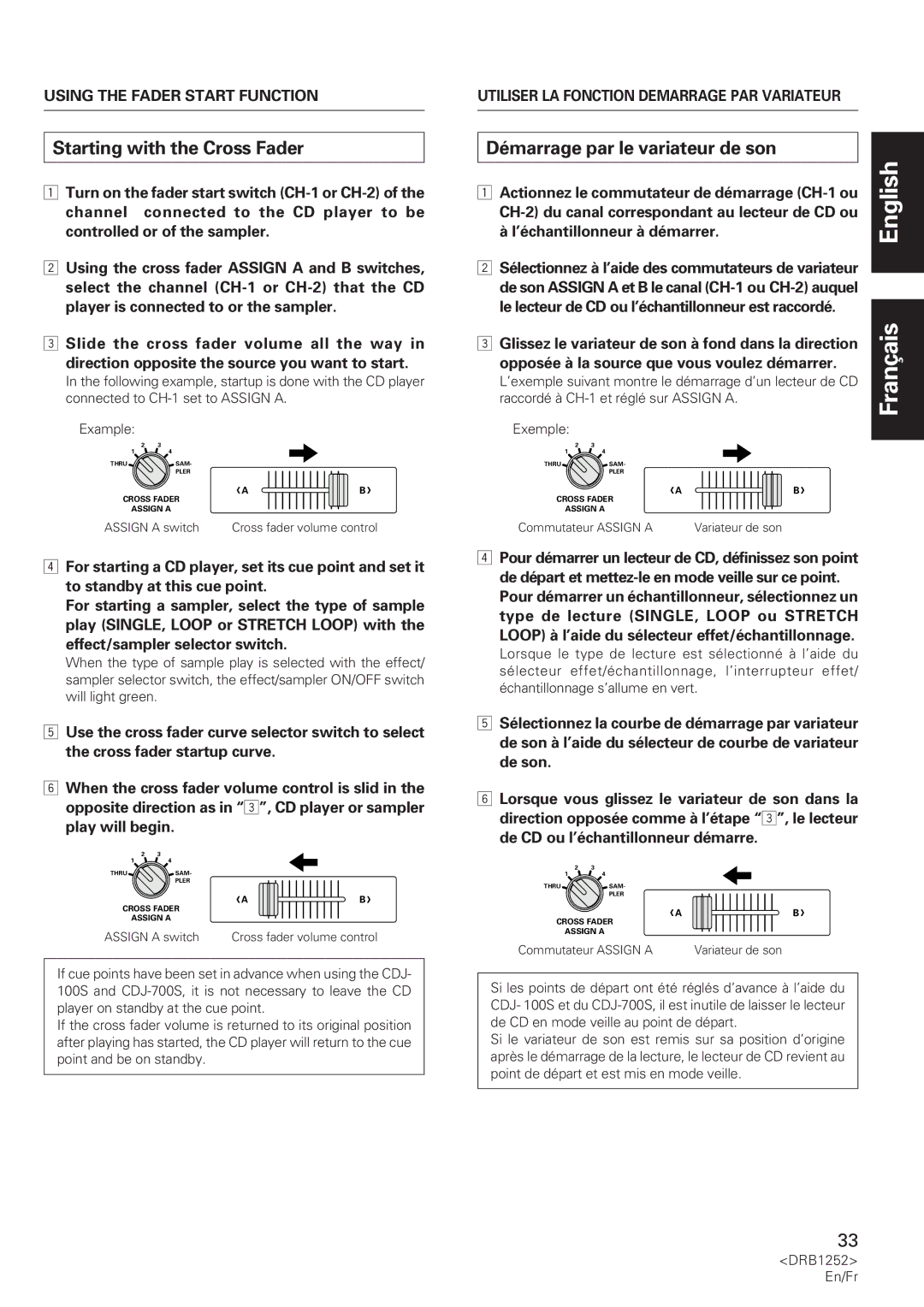 Pioneer DJM-600 Starting with the Cross Fader, Démarrage par le variateur de son, Assign a switch, Commutateur Assign a 