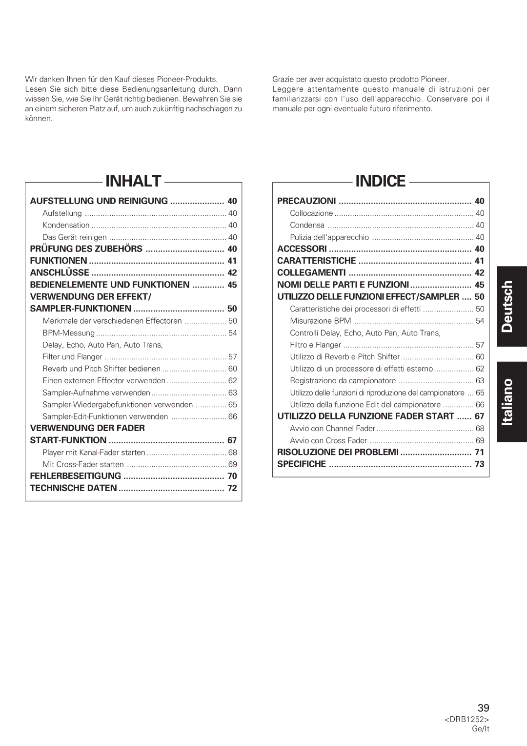 Pioneer DJM-600 operating instructions Inhalt, Indice 