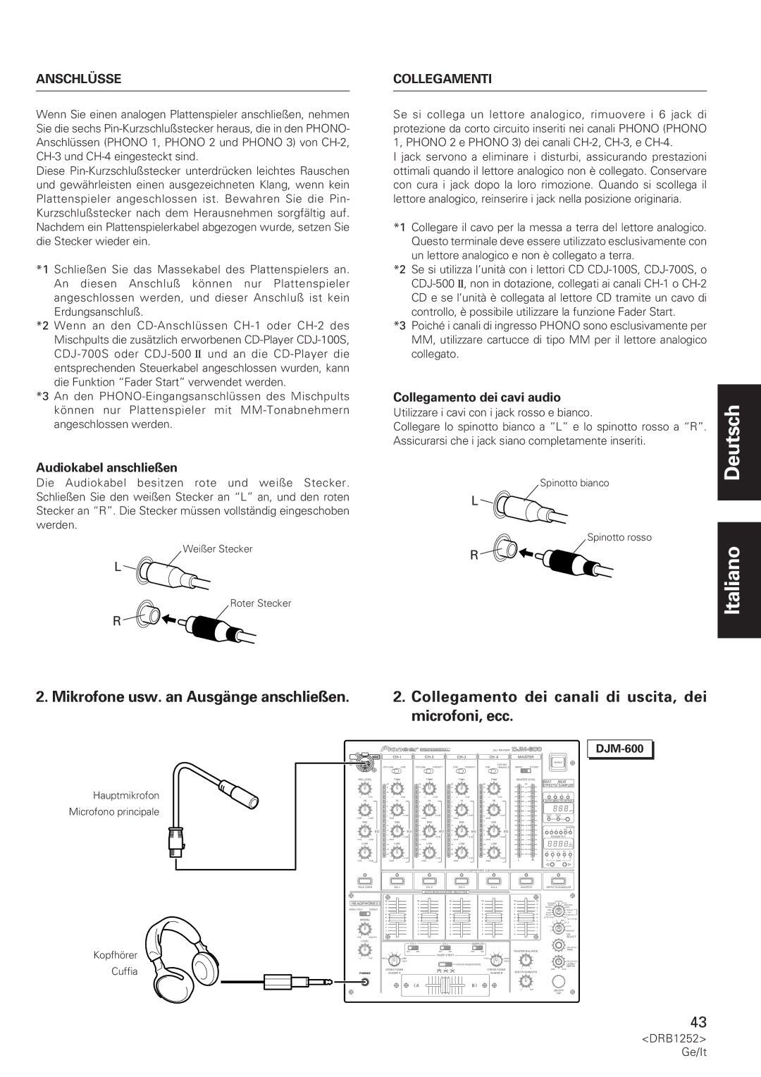 Pioneer DJM-600 operating instructions Anschlüsse, Audiokabel anschließen, Collegamenti, Collegamento dei cavi audio 