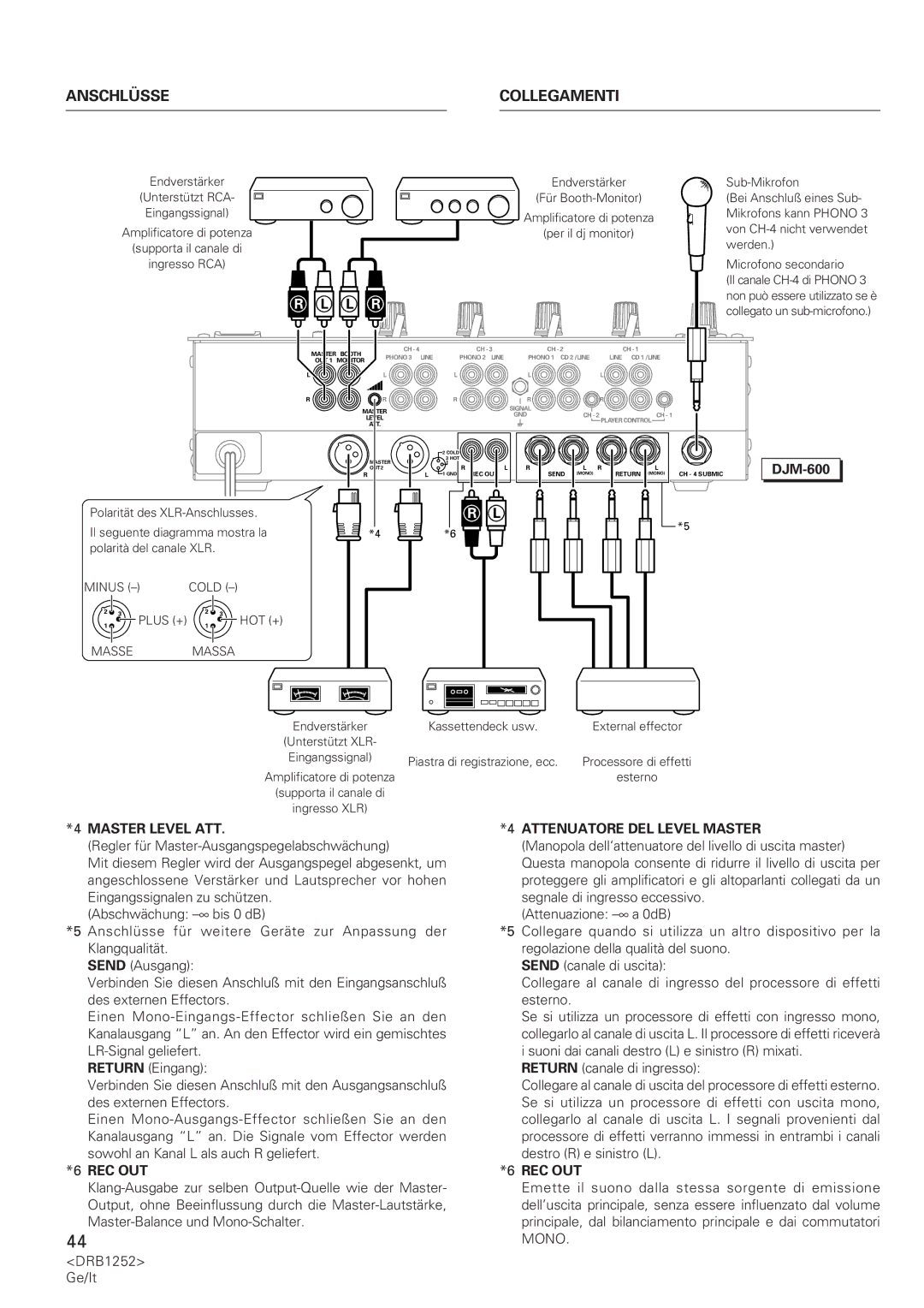 Pioneer DJM-600 operating instructions Anschlüsse Collegamenti, Plus + HOT + 