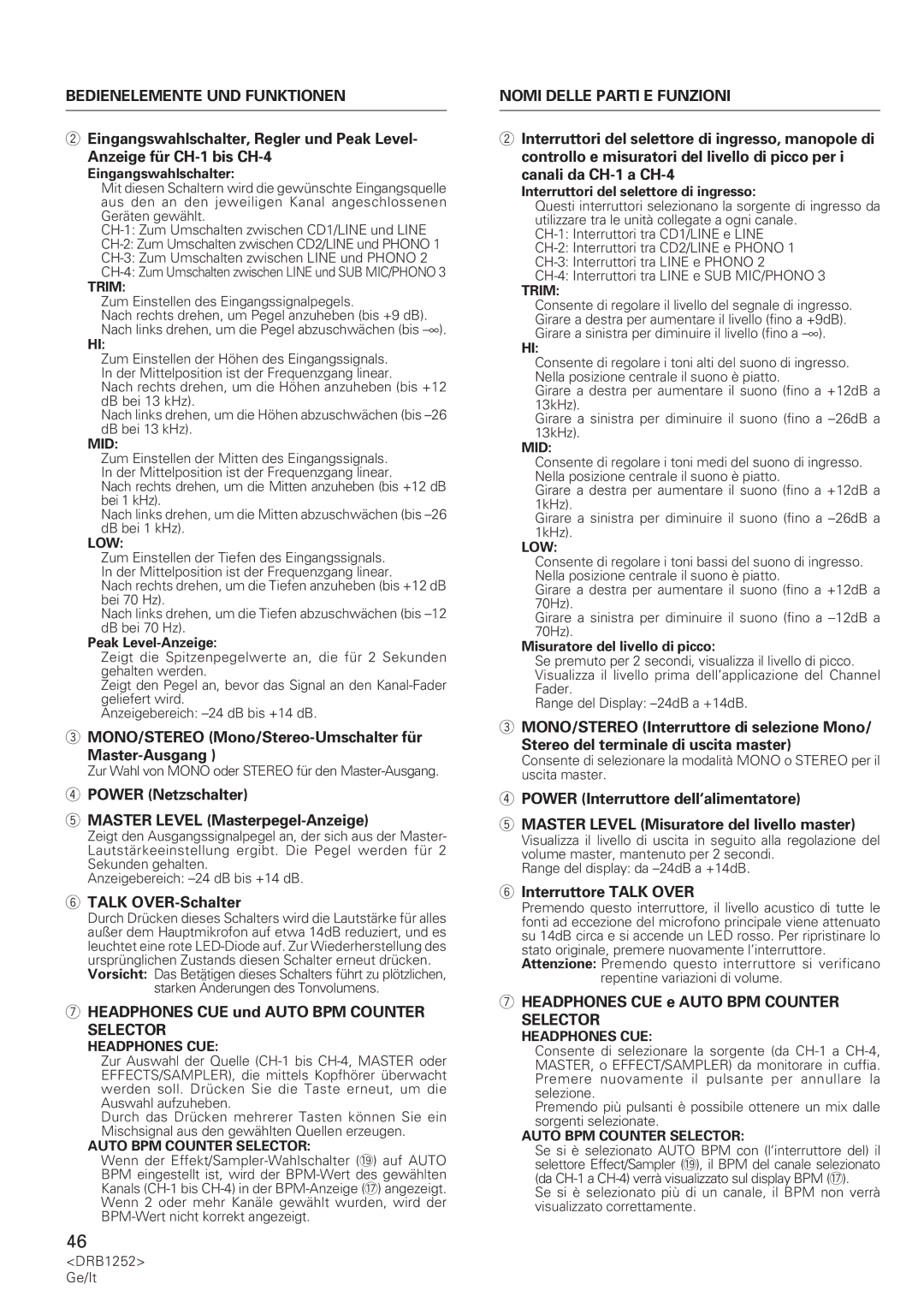 Pioneer DJM-600 operating instructions Bedienelemente UND Funktionen, Nomi Delle Parti E Funzioni 