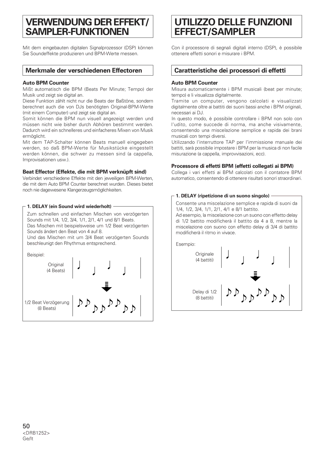 Pioneer DJM-600 operating instructions Merkmale der verschiedenen Effectoren, Caratteristiche dei processori di effetti 