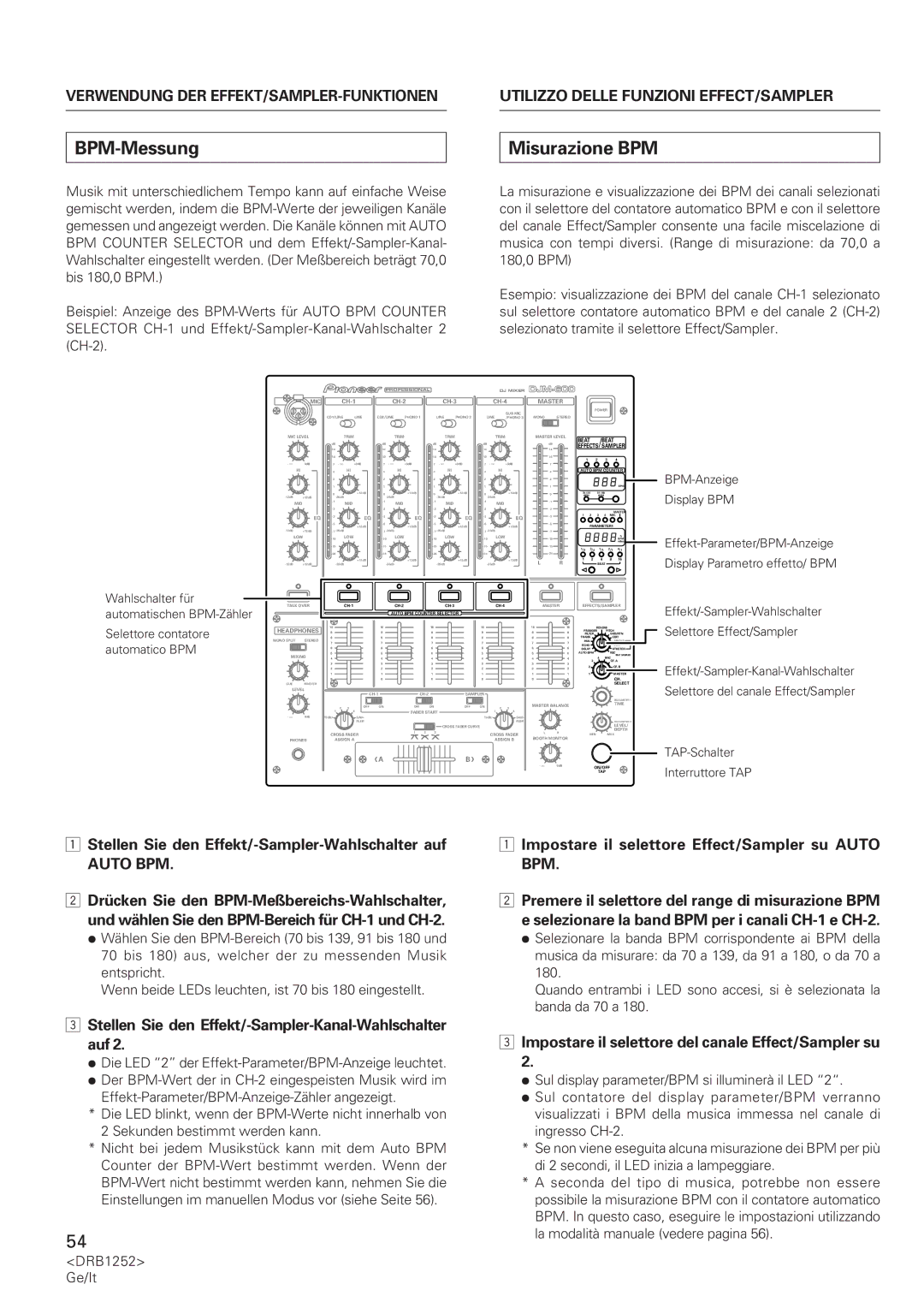 Pioneer DJM-600 operating instructions BPM-Messung, Misurazione BPM 