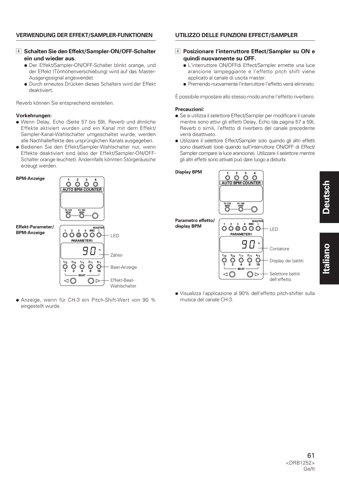 Pioneer DJM-600 Beat-Anzeige, Effekt-Beat Wahlschalter, Display dei battiti, Selettore battiti dell‘effetto 