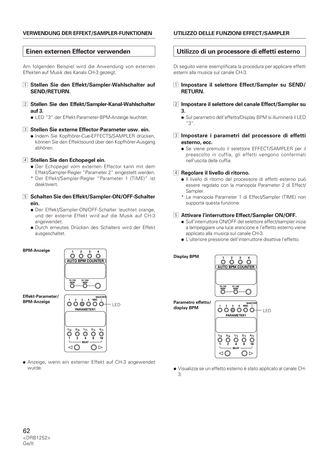 Pioneer DJM-600 operating instructions Einen externen Effector verwenden, Utilizzo di un processore di effetti esterno 