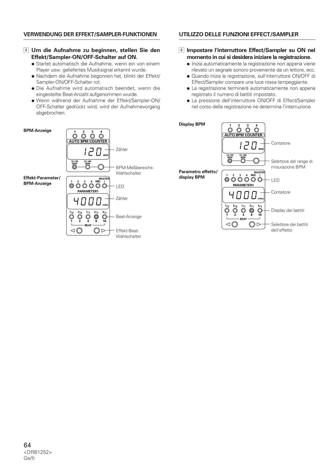 Pioneer DJM-600 operating instructions Zähler, Selettore dei battiti dell‘effetto 