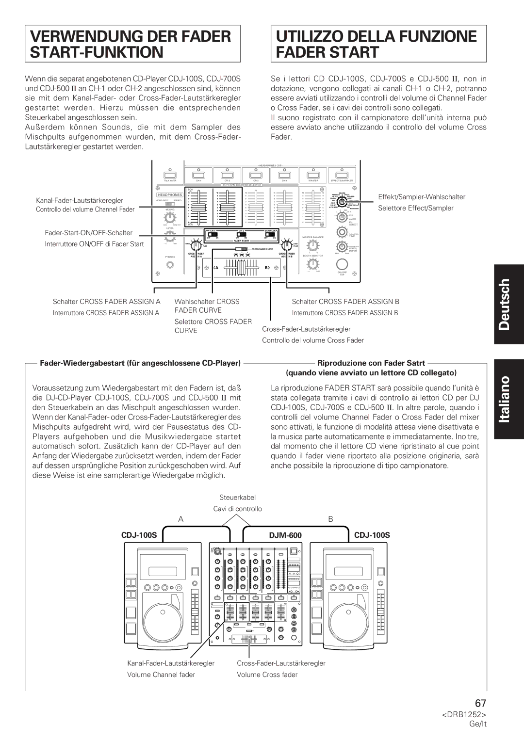 Pioneer DJM-600 operating instructions START-FUNKTION Fader Start, Fader-Wiedergabestart für angeschlossene CD-Player 