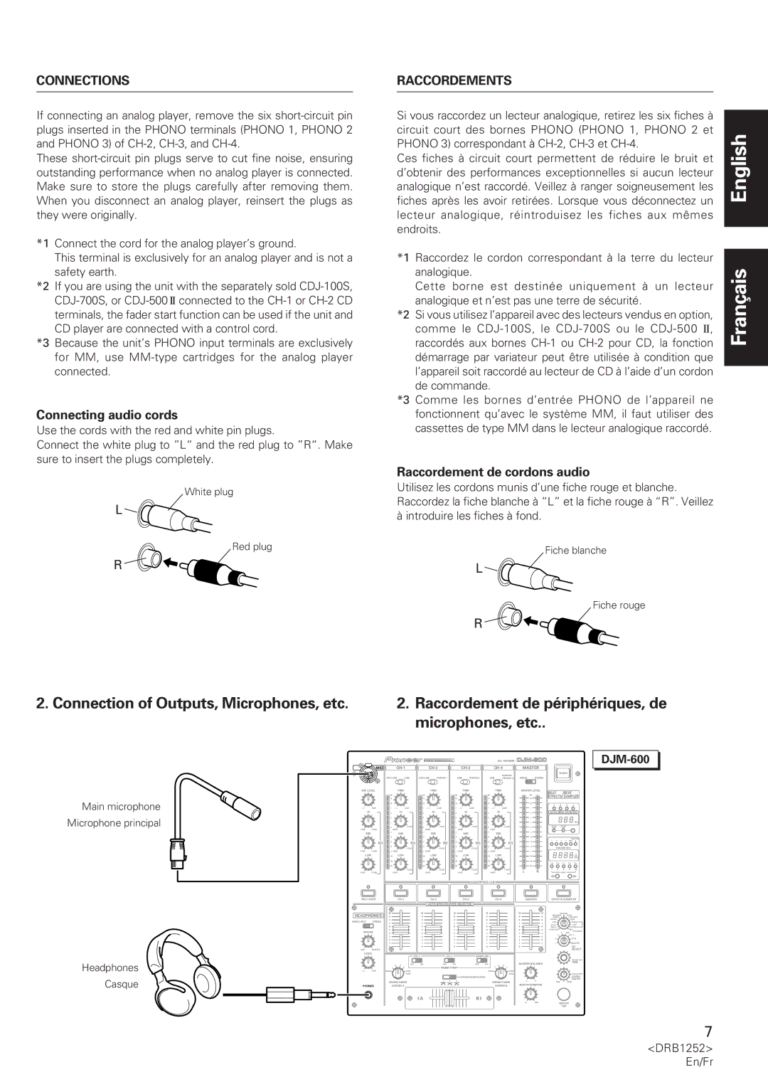 Pioneer DJM-600 operating instructions Connection of Outputs, Microphones, etc, Connections, Raccordements 