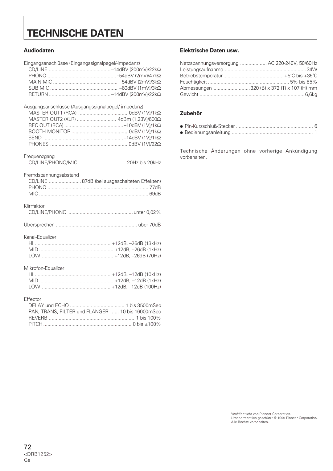 Pioneer DJM-600 operating instructions Technische Daten, Audiodaten, Elektrische Daten usw, Zubehör 