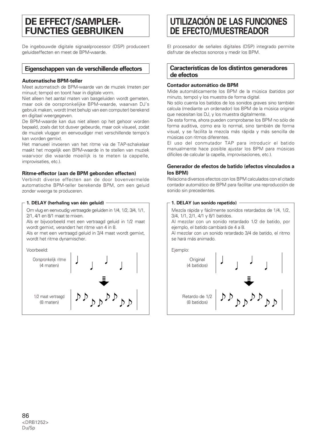 Pioneer DJM-600 Eigenschappen van de verschillende effectors, Características de los distintos generadores de efectos 