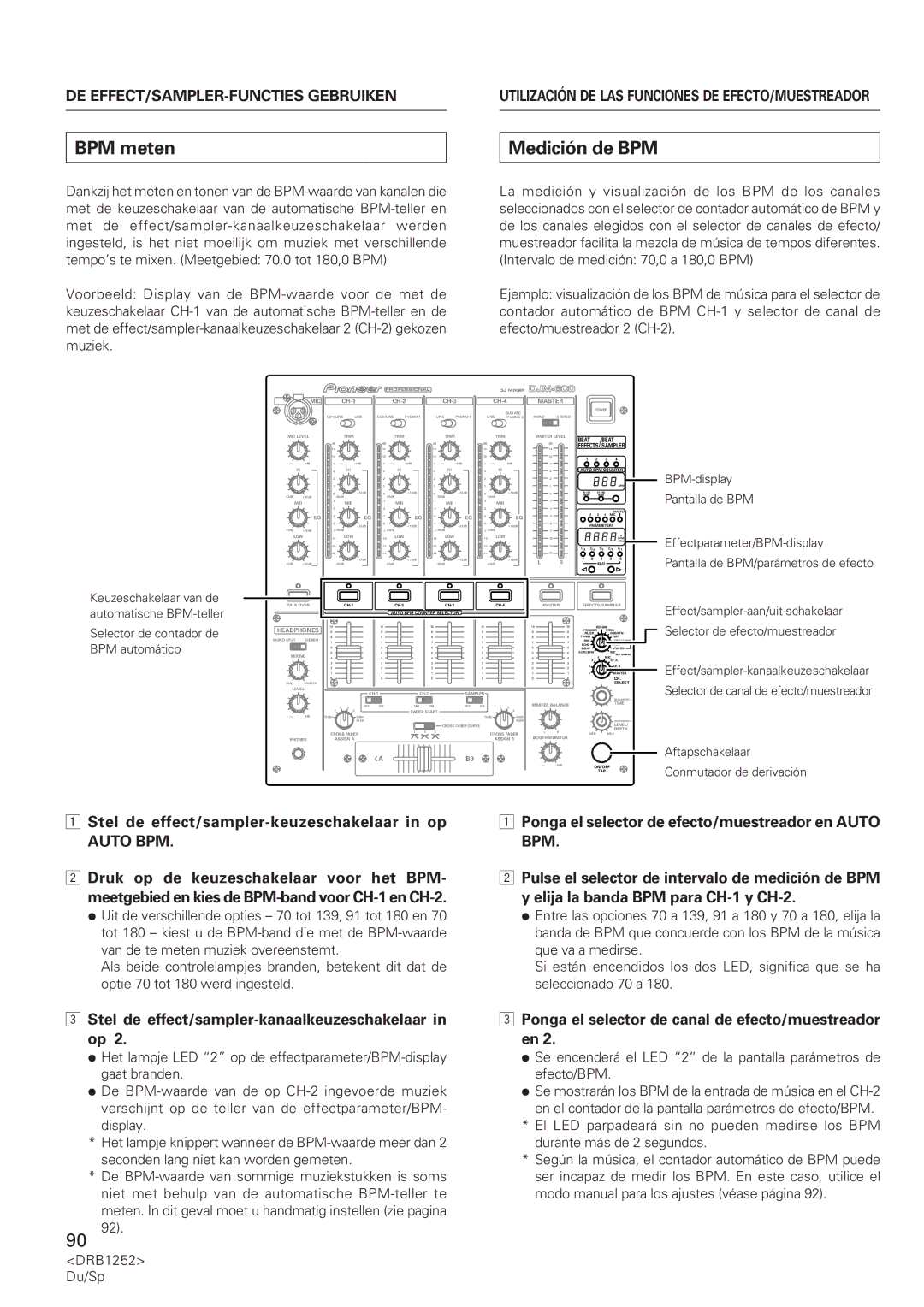 Pioneer DJM-600 operating instructions BPM meten, Medición de BPM, Stel de effect/sampler-keuzeschakelaar in op 