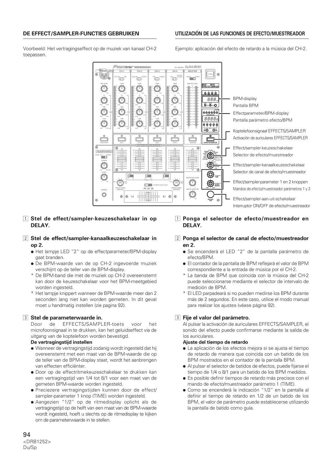 Pioneer DJM-600 Stel de parameterwaarde, Ponga el selector de efecto/muestreador en, Fije el valor del parámetro 