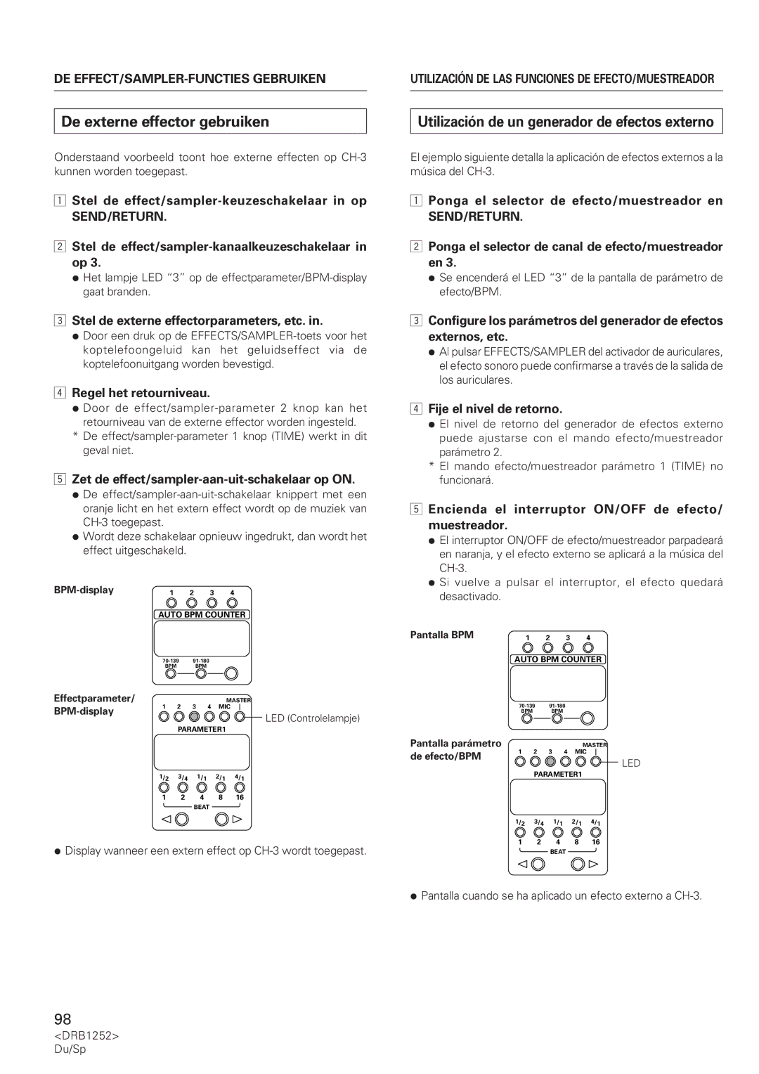 Pioneer DJM-600 operating instructions De externe effector gebruiken, Utilización de un generador de efectos externo 