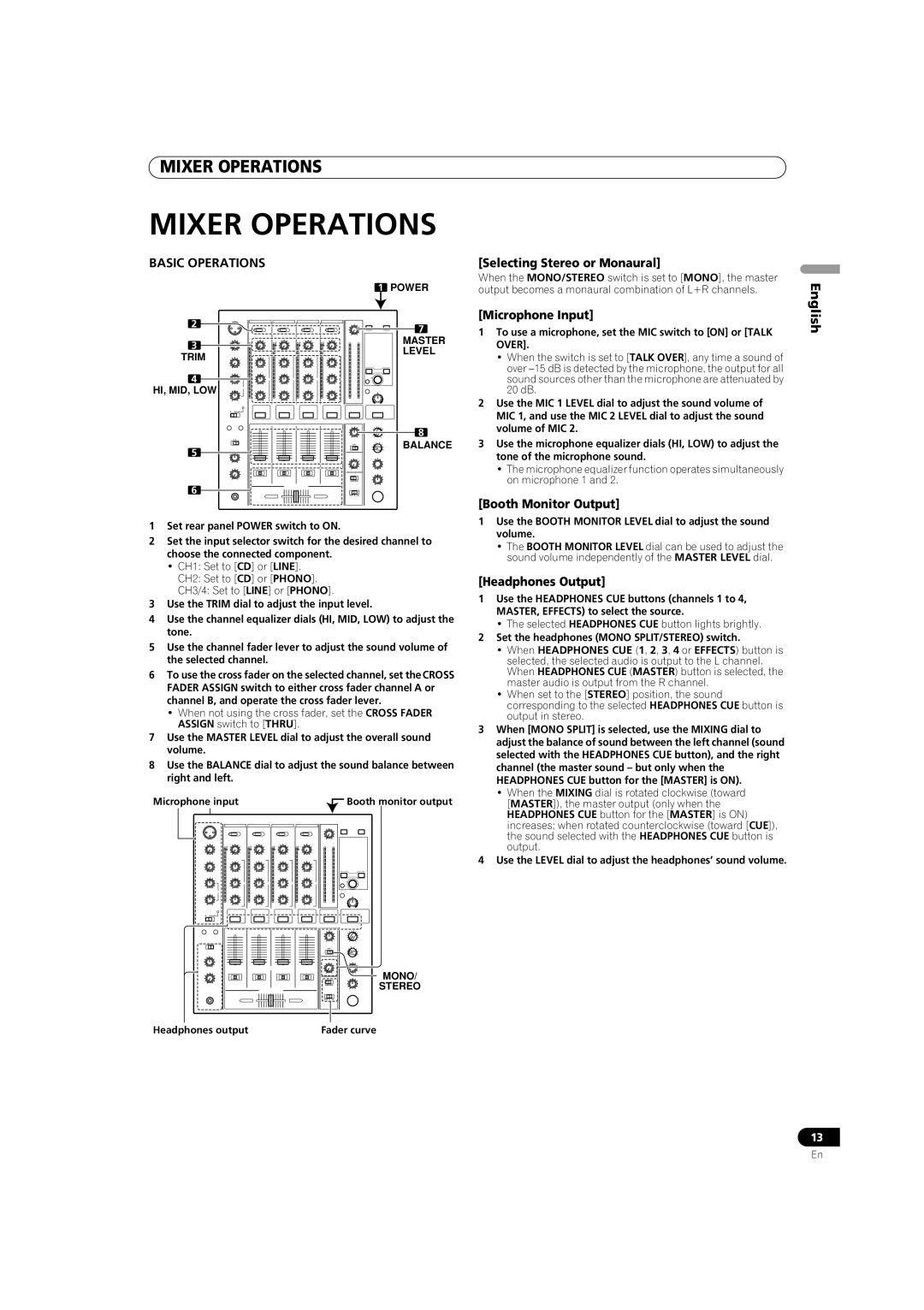 Pioneer DJM-700-S Mixer Operations, Basic Operations, Selecting Stereo or Monaural, Microphone Input, Headphones Output 