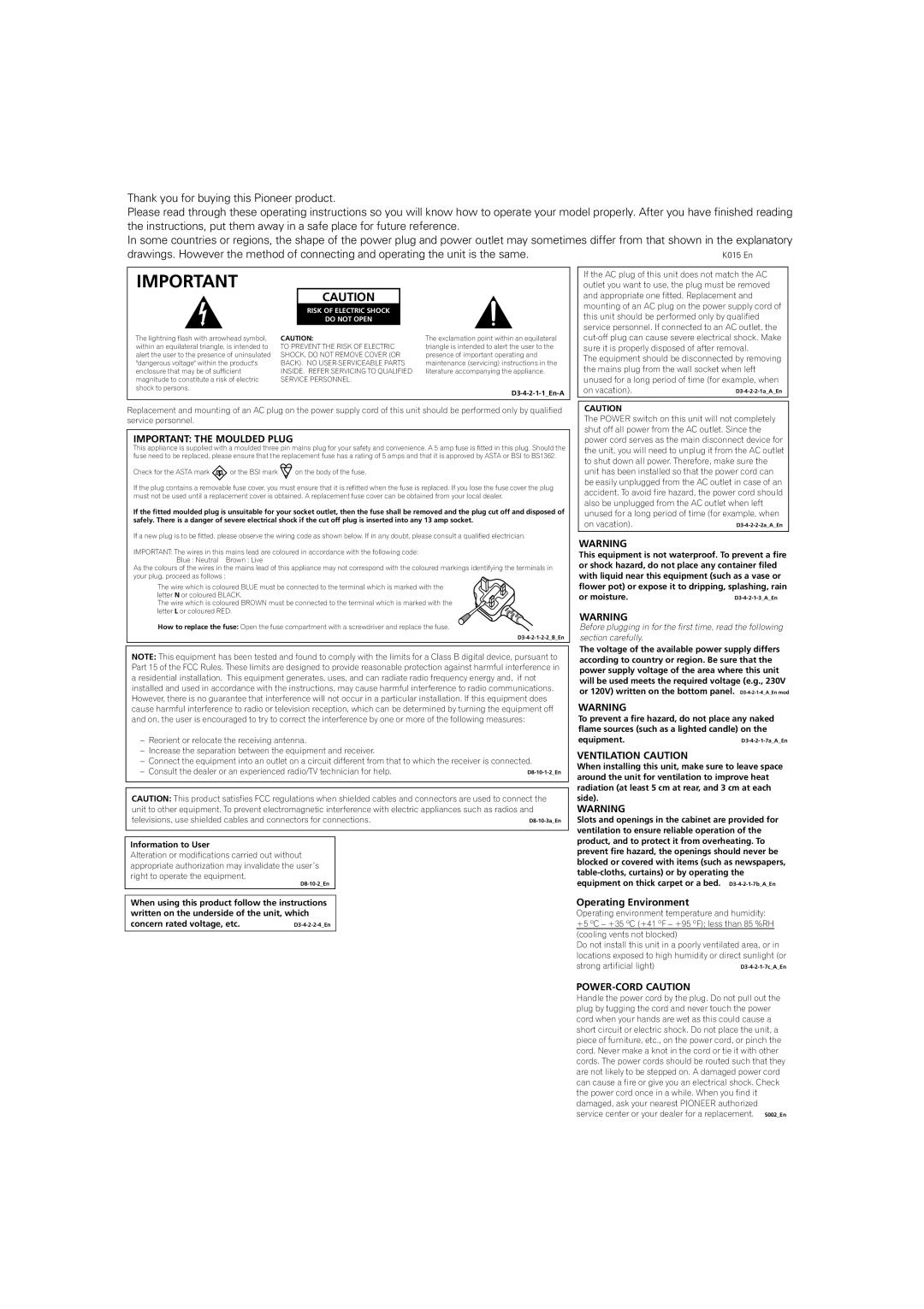 Pioneer DJM-700-K, DJM-700-S operating instructions Important the Moulded Plug, Risk of Electric Shock Do not Open 