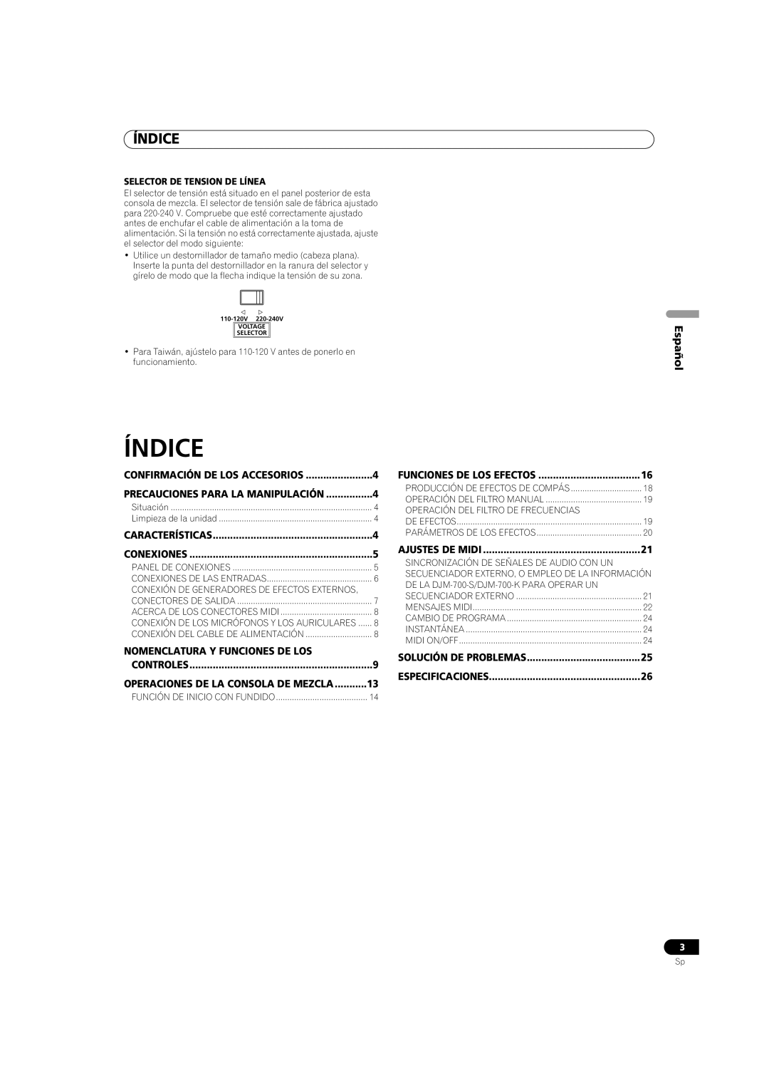 Pioneer DJM-700-S, DJM-700-K operating instructions Índice, Nomenclatura Y Funciones DE LOS 