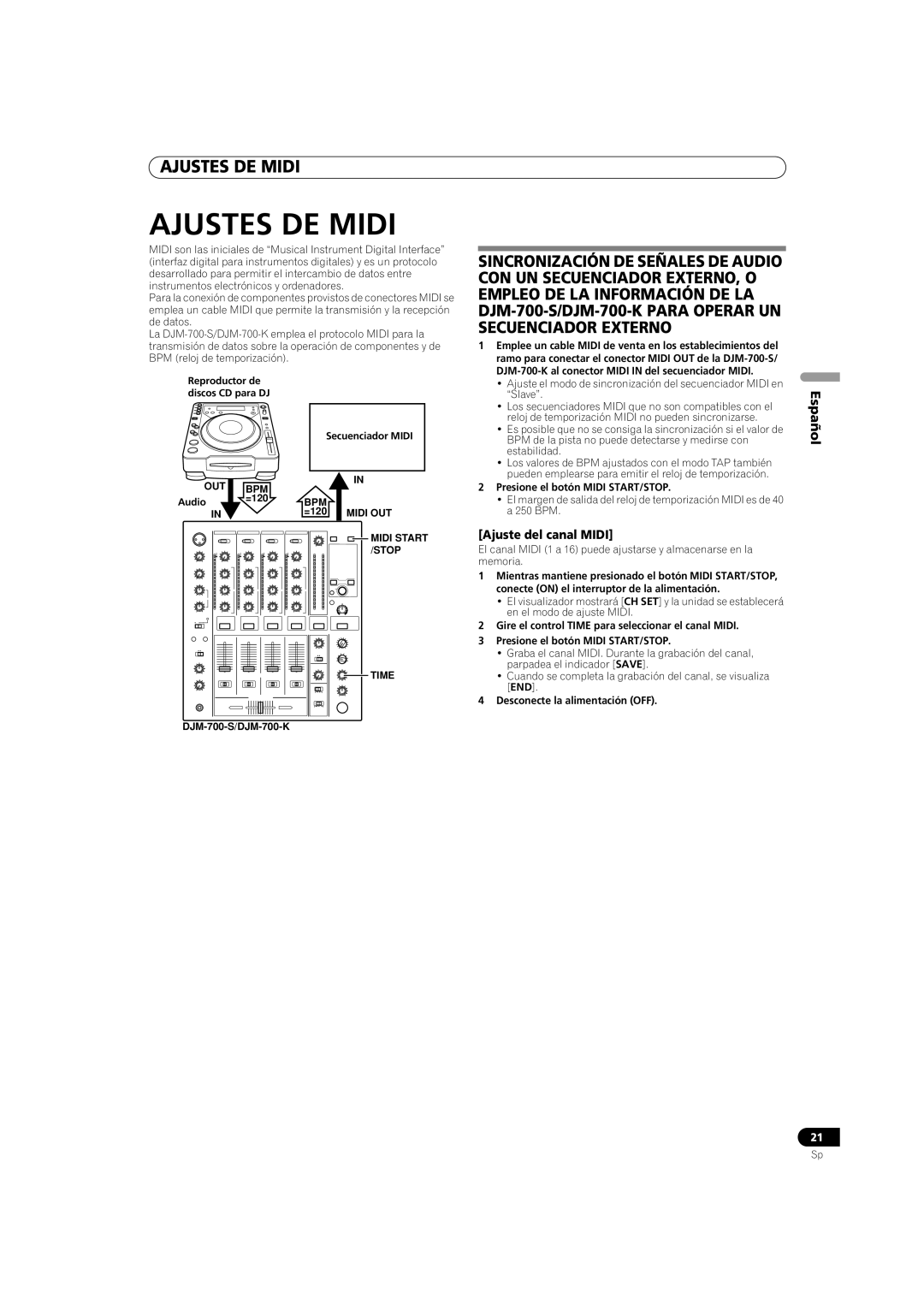 Pioneer DJM-700-S, DJM-700-K Ajustes DE Midi, Ajuste del canal Midi, Secuenciador Midi, Presione el botón Midi START/STOP 