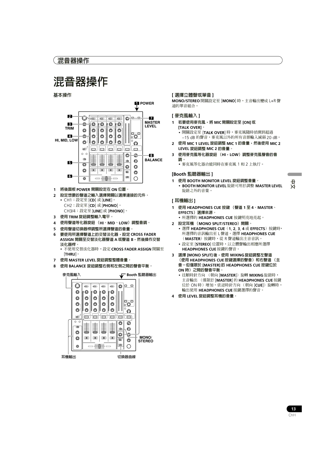 Pioneer DJM-700-S, DJM-700-K operating instructions 選擇立體聲或單音, 麥克風輸入, 耳機輸出 