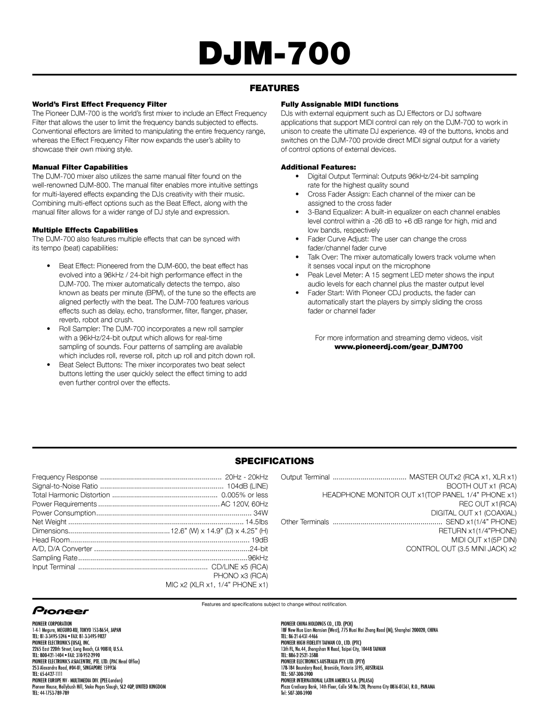 Pioneer DJM-700 manual Features, Specifications 