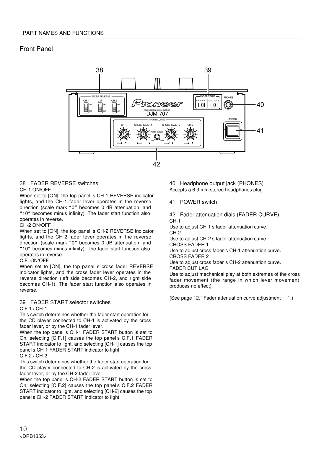 Pioneer DJM-707 Front Panel, Fader Reverse switches, Fader Start selector switches, Headphone output jack Phones 