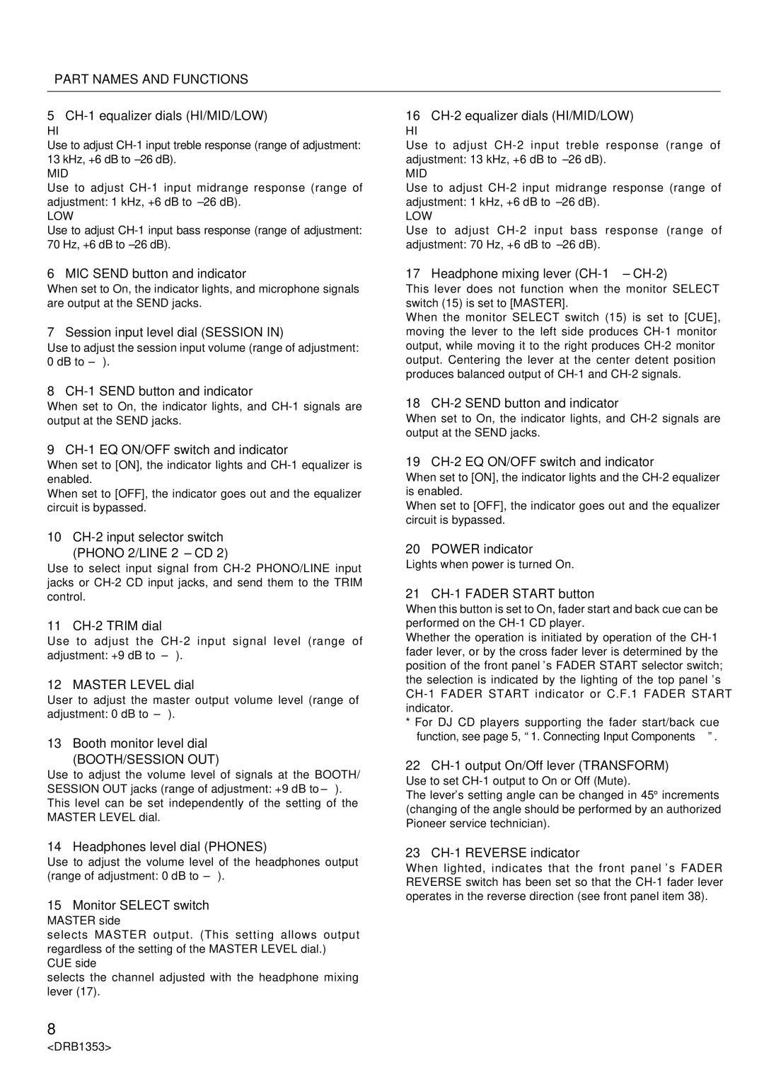 Pioneer DJM-707 operating instructions Part Names and Functions 