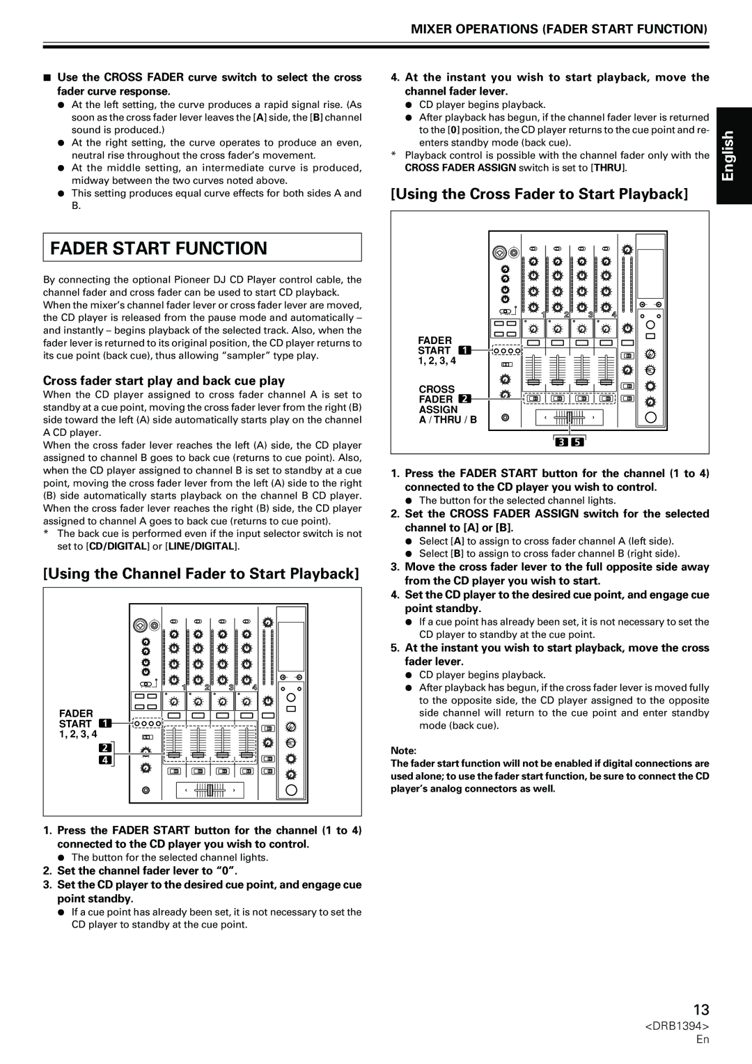 Pioneer DJM-800 Fader Start Function, Using the Channel Fader to Start Playback, Using the Cross Fader to Start Playback 