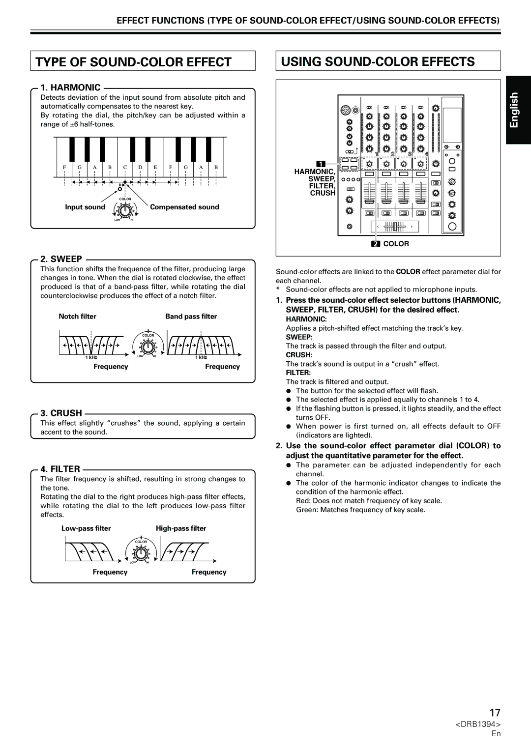 Pioneer DJM-800 operating instructions Type of SOUND-COLOR Effect, Using SOUND-COLOR Effects, Harmonic, Sweep, Crush 